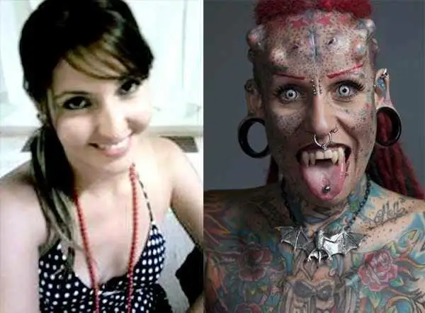 Real-Life Vampire before and after body modification picture. 