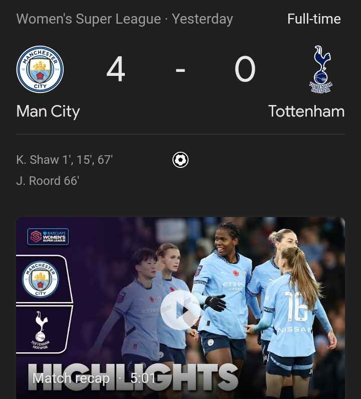 Image - Highlight of November 8, 2024, match between Man City & Tottenham. 