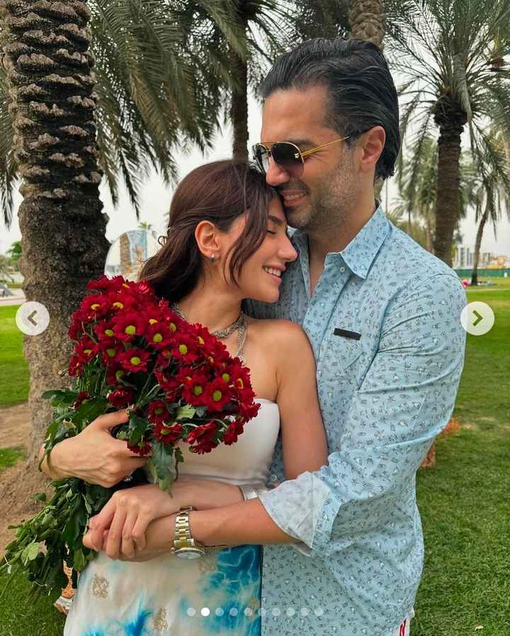 Image - Narins Beauty in a cute couple's photo with her fiancé, Rami Elias Samo, at her 24th birthday party in April 2024.